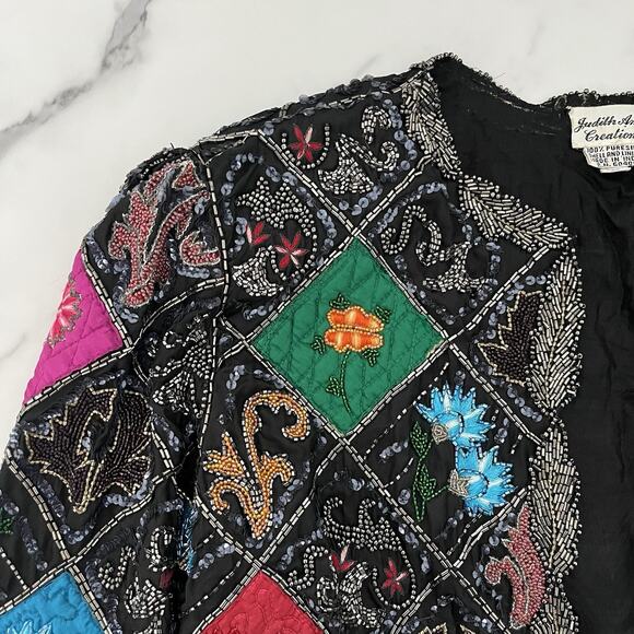 Judith Ann Vtg silk Patchwork Embroidered jacket Quilted sequin Embellished Sz L - Picture 5 of 15